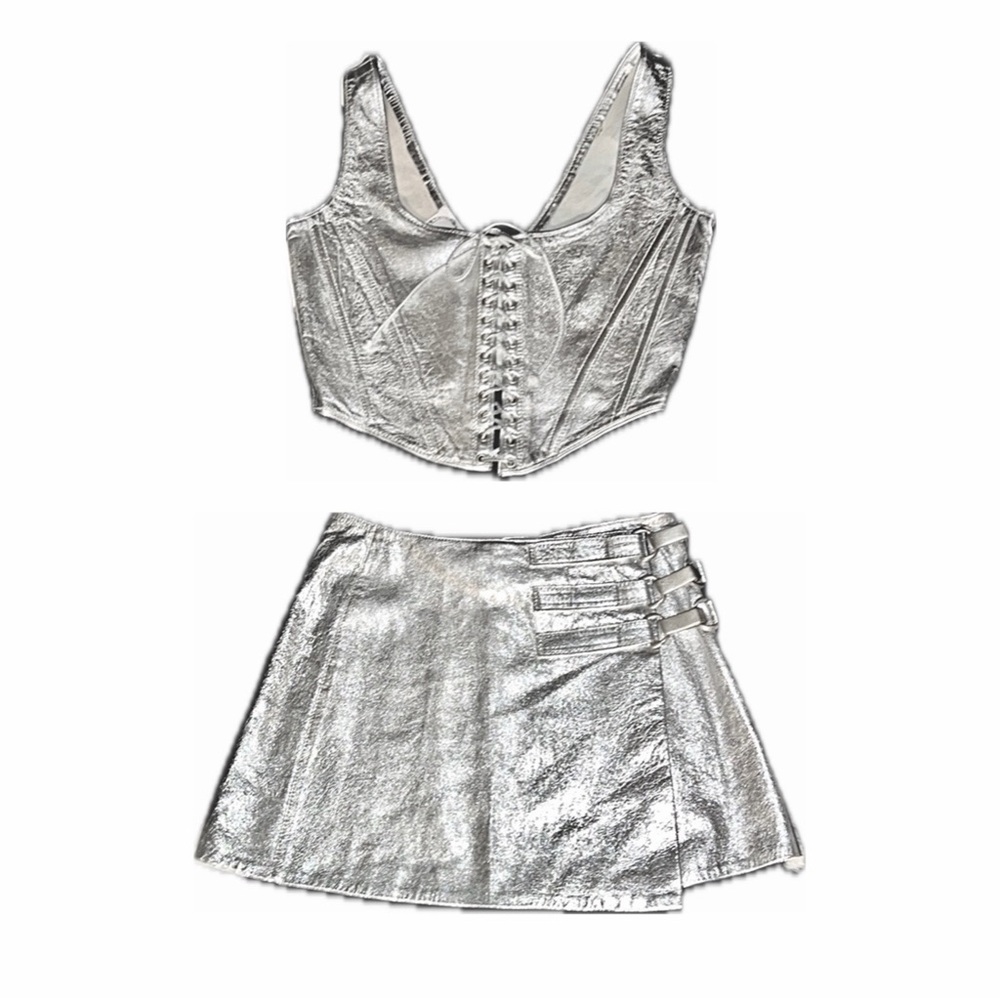 UROBORUS Studios Gigi Clark Silver Metallic Leather Corset Top & Mini Skirt Set